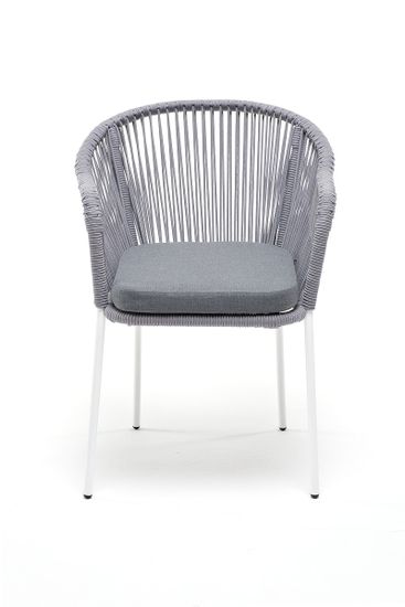 "Лион" стул плетеный из роупа, каркас из стали белый муар, роуп светло-серый круглый, ткань светло-серая