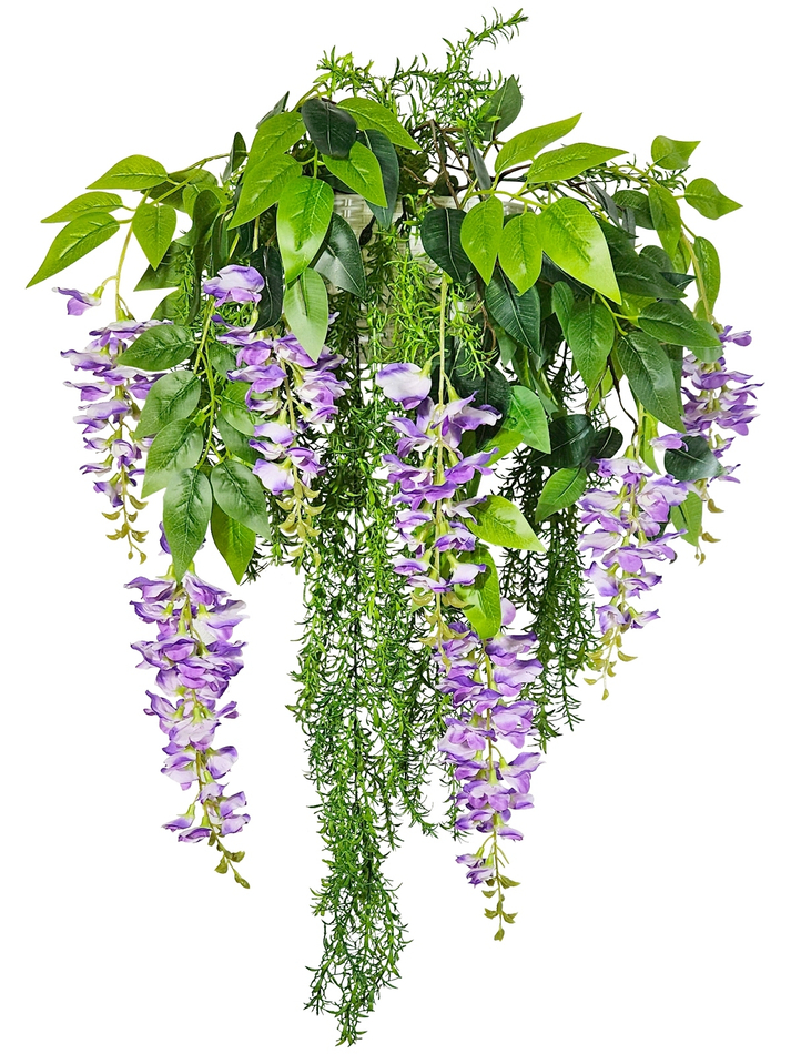 Искусственные цветы Акация бело-фиолетовая в настенном белом кашпо