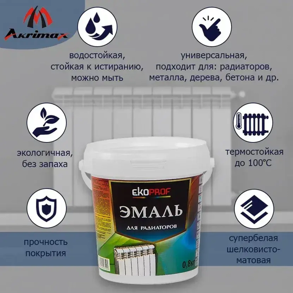 Краска для радиаторов отопления, батарей и труб термостойкая до+100 С AKRIMAX без запаха, акриловая, водостойкая, шелковисто-матовое покрытие, белая 0,8 кг, эмаль для радиаторов и труб