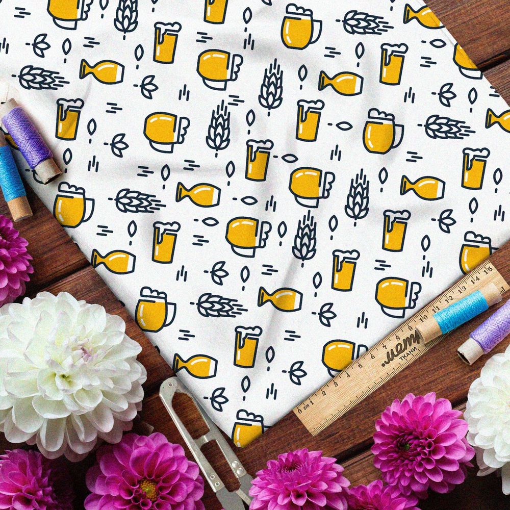 Ткань оксфорд 210 злаки и пивные бокалы на белом фоне