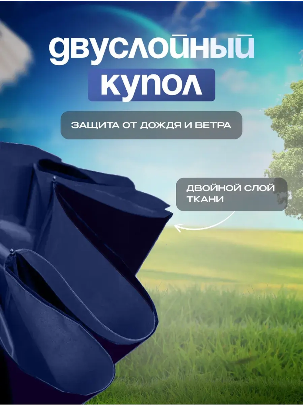 Зонт автомат c системой антиветер женский и мужской большой купол 10 спиц. Цвет синий.