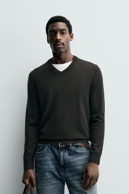 ZARA СВИТЕР ИЗ 100% ШЕРСТИ С V-ОБРАЗНЫМ ВЫРЕЗОМ, ШОКОЛАДНЫЙ