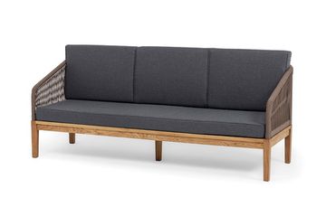 "Канны" диван 3-местный плетеный из роупа, основание дуб, роуп коричневый круглый, ткань темно-серая 027