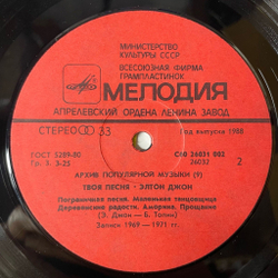 Винтажная виниловая пластинка LP Элтон Джон Elton John Твоя Песня Your Song (СССР 1988) Tiny Dancer