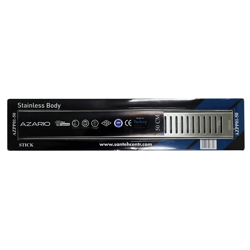 Душевой лоток AZARIO STICK 500 мм, боковой слив D50, нержавеющая сталь, перфорированная решетка (AZPP01-50 Stick)