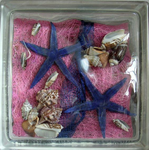 Стеклоблок декоративный Морские звезды и ракушки МТ-009-Р  19x19x8 см.