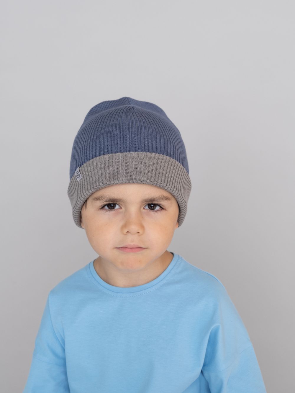 Шапка вязаная хлопковая ТВИНС(Синий пепел, пепельный)