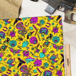 Ткань таффета розово-голубые предметы на жёлтом фоне