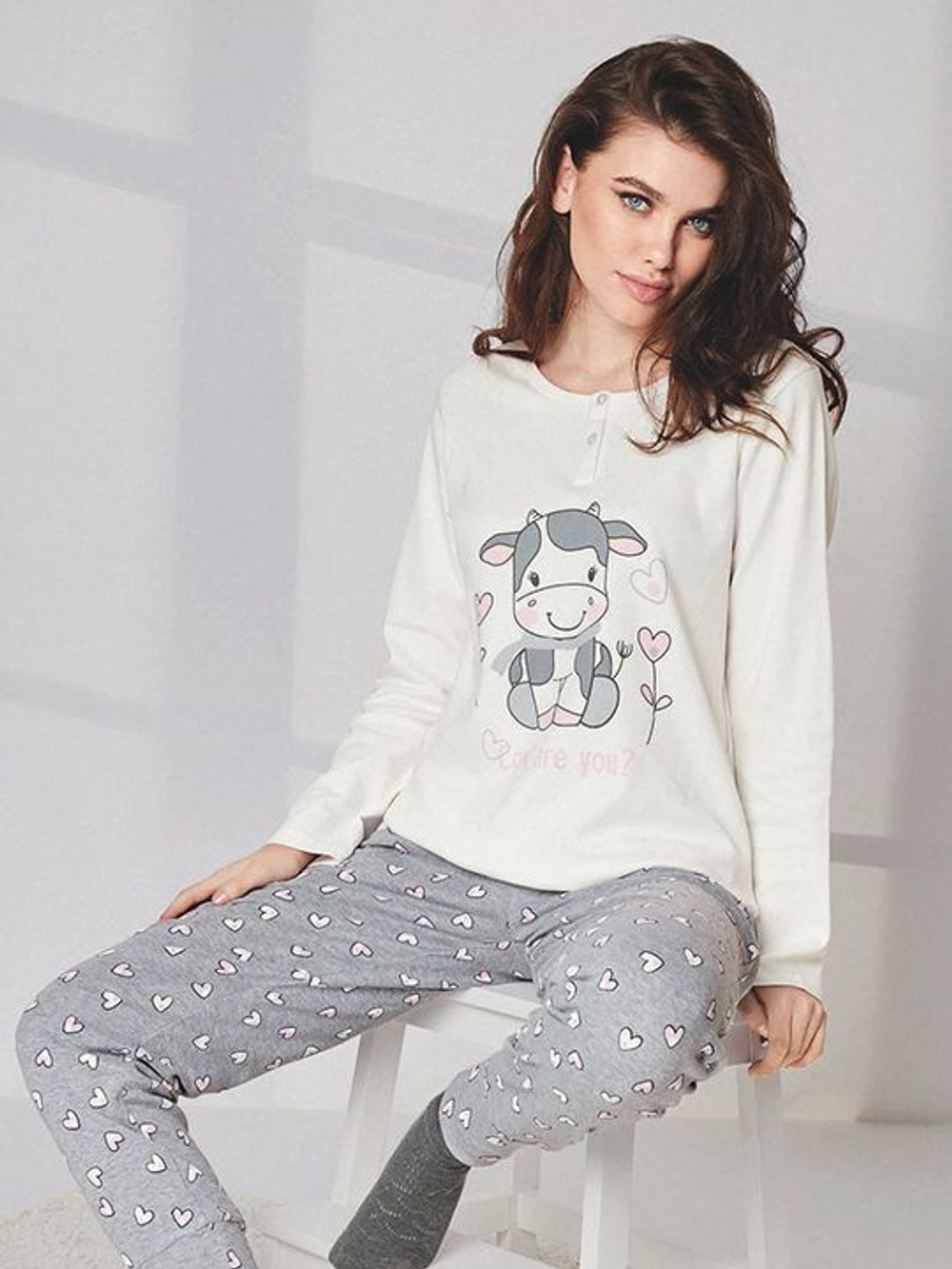 Пижама Milky: кофта и брюки (Размер: S) (Цвет: молочный с серым)