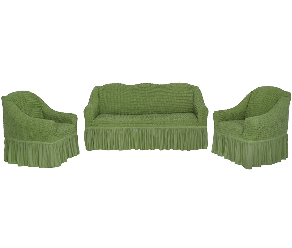 Комплект чехлов на трехместный диван и кресла с оборкой, цвет Зеленый светлый