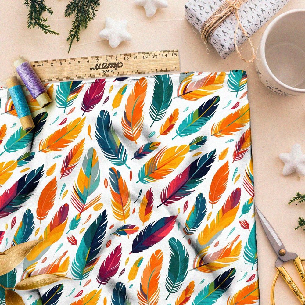 Ткань премиум бифлекс разноцветные перья