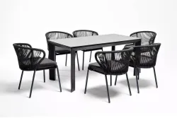 "Венето" обеденная группа на 6 персон со стульями "Милан", каркас темно-серый, роуп темно-серый