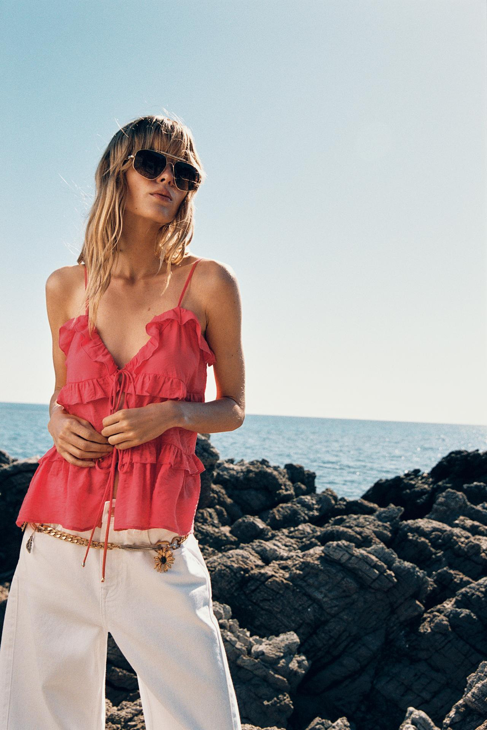 ZARA ТОП С ВОЛАНАМИ И ЗАВЯЗКАМИ, КОРАЛЛОВЫЙ