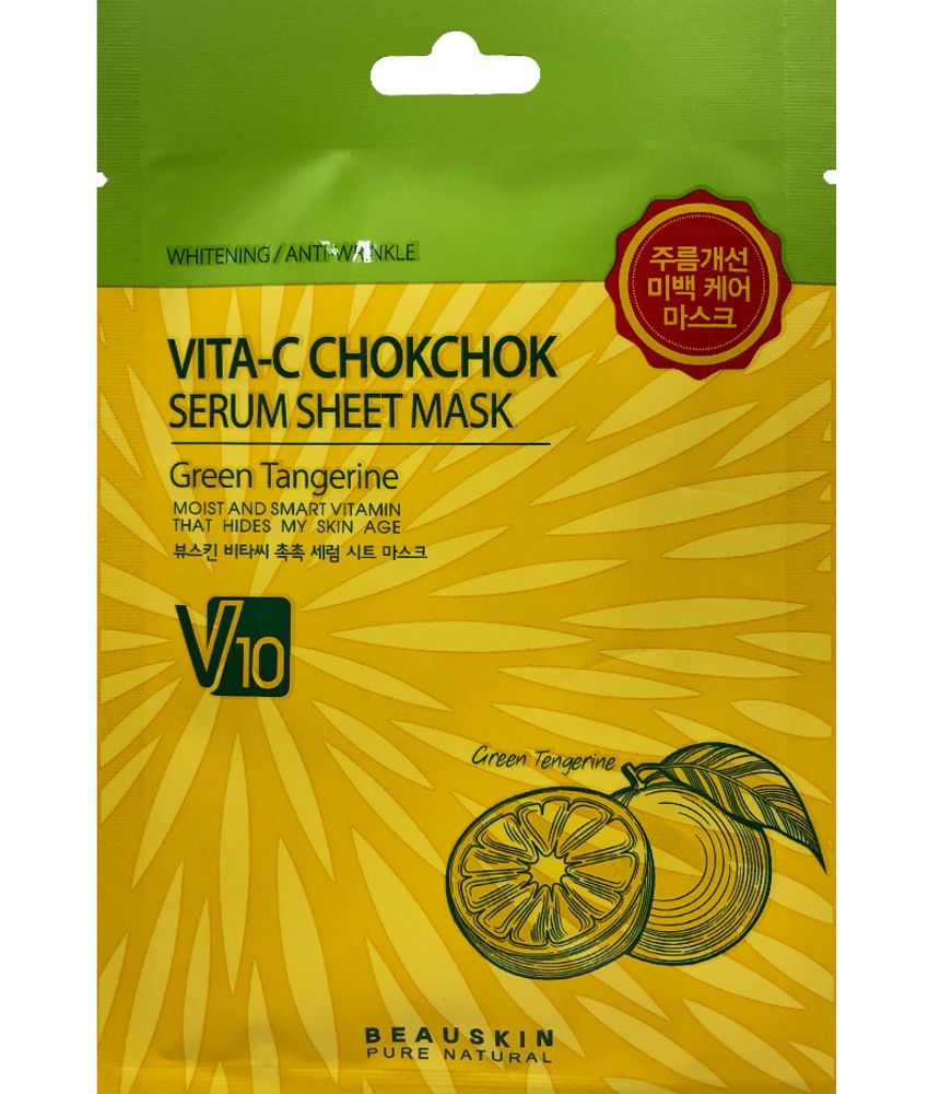 Маска для лица Beauskin Vita-C Chokchok Green Tangerine тканевая с Зеленым мандарином и витамином С Serum Sheet Mask 25 г