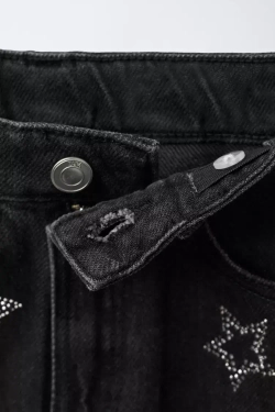 ZARA ДЖИНСОВАЯ ЮБКА СО ЗВЕЗДАМИ И БЛЕСТКАМИ, ЧЕРНЫЙ