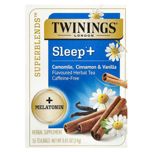 Twinings, Superblends, Melatonin, травяной чай с ромашкой, корицей и ванилью, без кофеина, 16 чайных пакетиков, 24 г (0,85 унции)