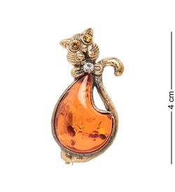 AM- 908 Брошь «Кот с бантиком» (латунь, янтарь)