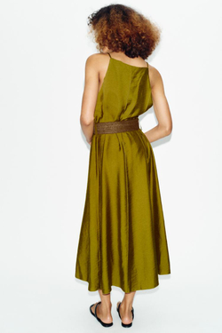 ZARA ПЛАТЬЕ МИДИ С ПОЯСОМ, ХАКИ