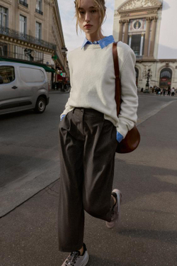 ZARA БРЮКИ С ЗАЩИПАМИ И ЭЛАСТИЧНЫМ ПОЯСОМ СЗАДИ, КОРИЧНЕВЫЙ