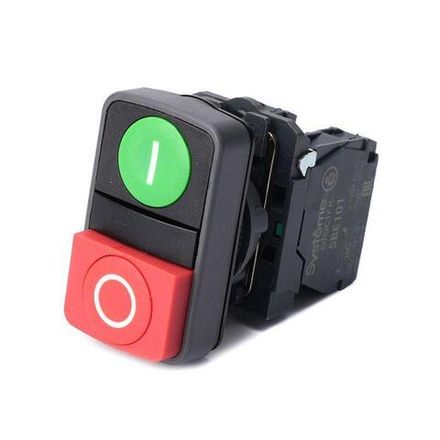 Кнопка двойная SB5 в сборе модуль 22мм зел."I"+красн. выступ."O" пластик 1НО+1НЗ SE SB5AL73415