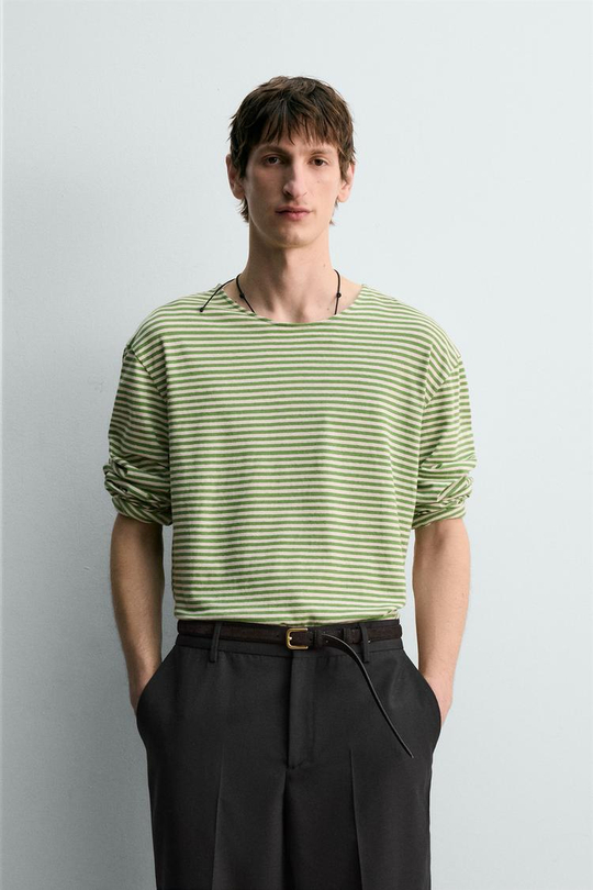 ZARA ЖАККАРДОВАЯ ФУТБОЛКА В ПОЛОСКУ, ЗЕЛЕНЫЙ