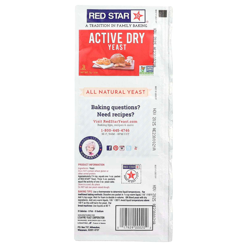 Red Star, Активные сухие дрожжи, 3 полоски, 7 г (0,25 унции)