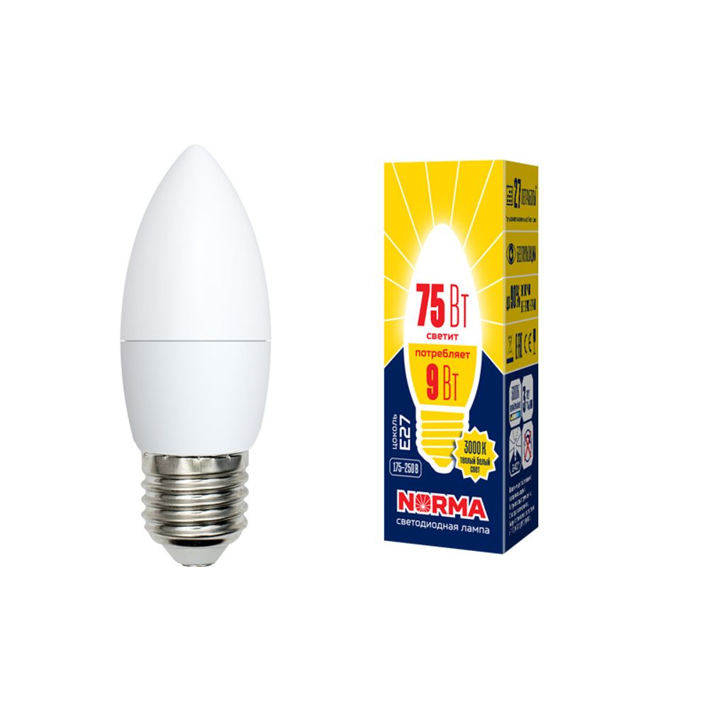 LED-C37-9W-WW-E27-FR-NR Лампа светодиодная. Форма свеча. матовая. Серия Norma. Теплый белый свет 3000K. Картон. ТМ Volpe