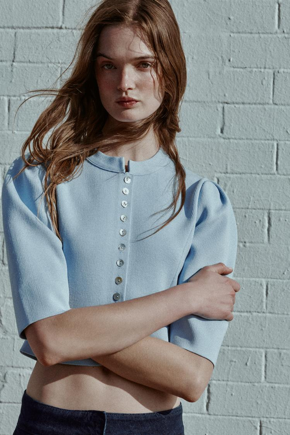 ZARA КАРДИГАН С ОБЪЕМНЫМИ РУКАВАМИ, ПАСТЕЛЬНО-СИНИЙ