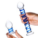 Набор из 2 стеклянных игрушек с синей спиралью Swirly Dildo & Buttplug Set (Цвет: прозрачный)