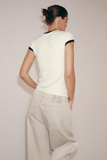 ZARA ФУТБОЛКА В РУБЧИК С КОНТРАСТНЫМИ ДЕТАЛЯМИ, ЭКРЮ