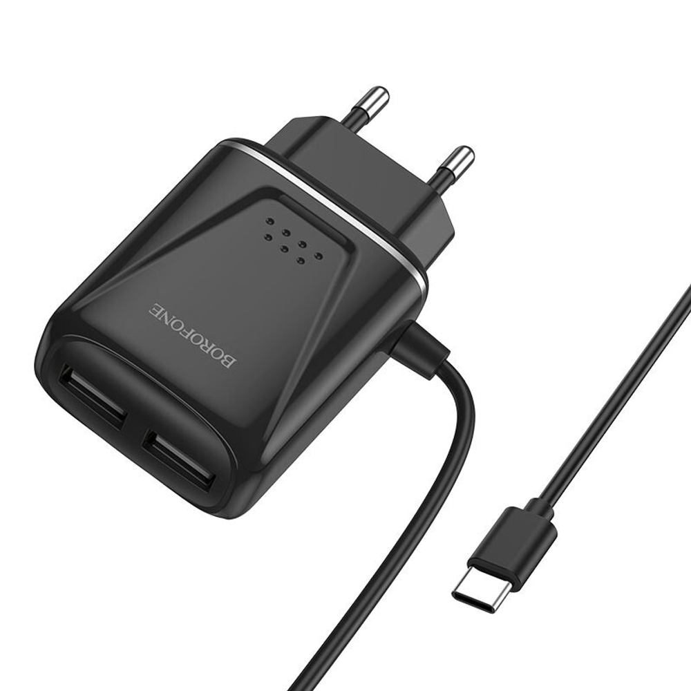 Сетевой адаптер питания BOROFONE BA50A 2USB 2.1A + встроенный кабель Type-C (черный)