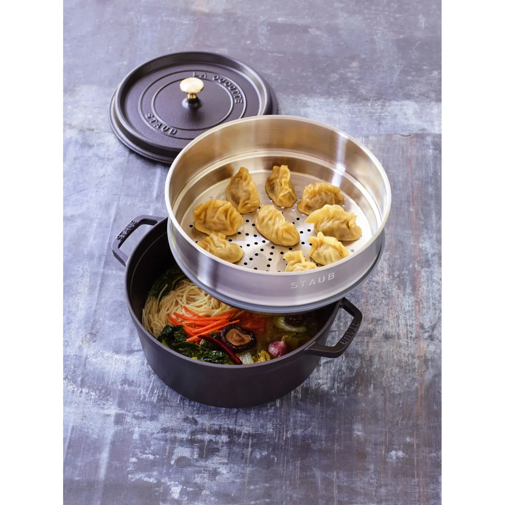 STAUB Чугунная кастрюля Cocotte 24 см 3,8 л со вставкой-пароваркой черная