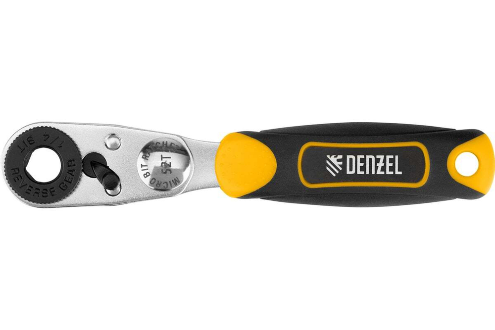 Ключ-трещотка для бит 1/4" Denzel 52 зуба, CrMo, адаптер для торцевых головок 11633