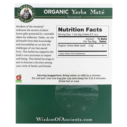 Wisdom Of The Ancient, органический йерба мате, без подсластителей, 16 пакетиков, 32 г (1,1 унции)