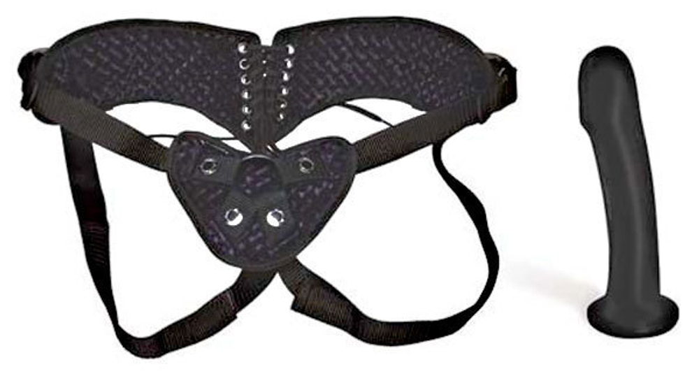 Фиолетовые корсетные трусики со шнуровкой и черным фаллосом, 16,5 см