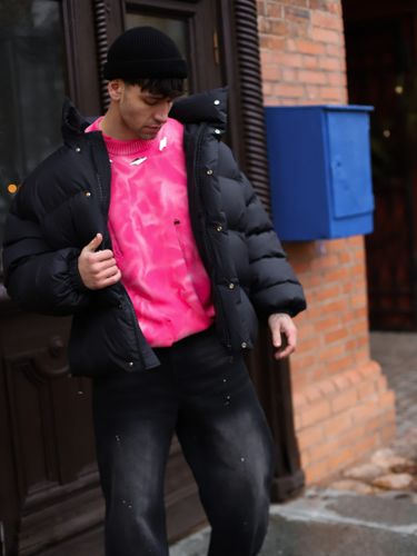 Короткая зимняя куртка оверсайз с воротником стойкой мужская черная