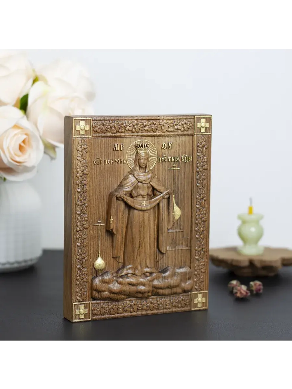 Покров Пресвятой Богородицы икона деревянная резная, бук
