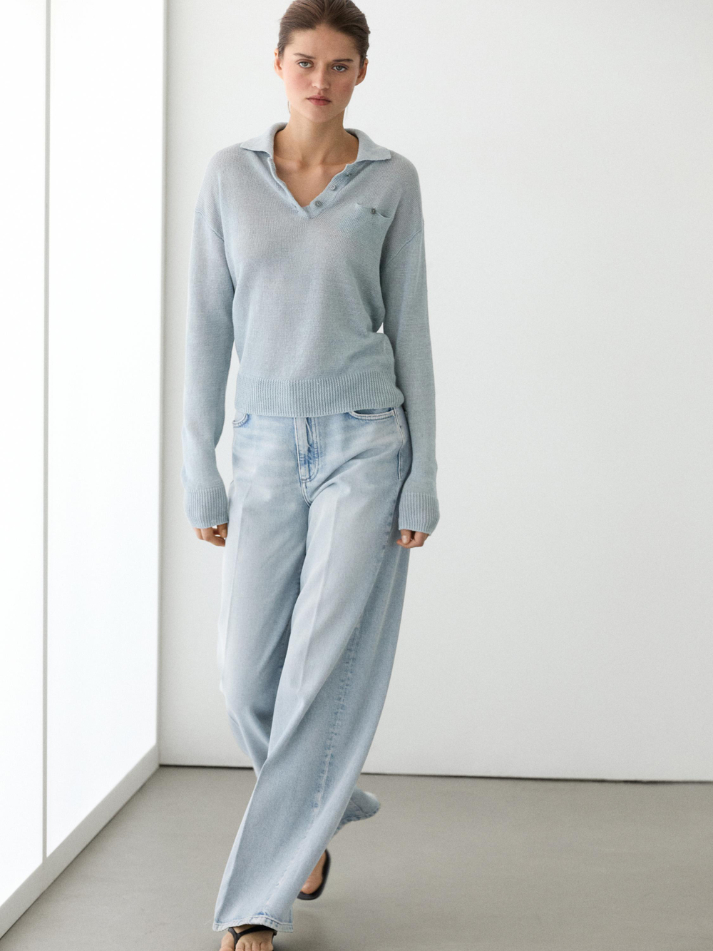 Massimo Dutti Тонкий свитер изо льна с воротником поло, выцветший синий