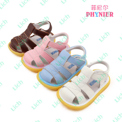 Сандалии детские однотонные кожаные на липучке