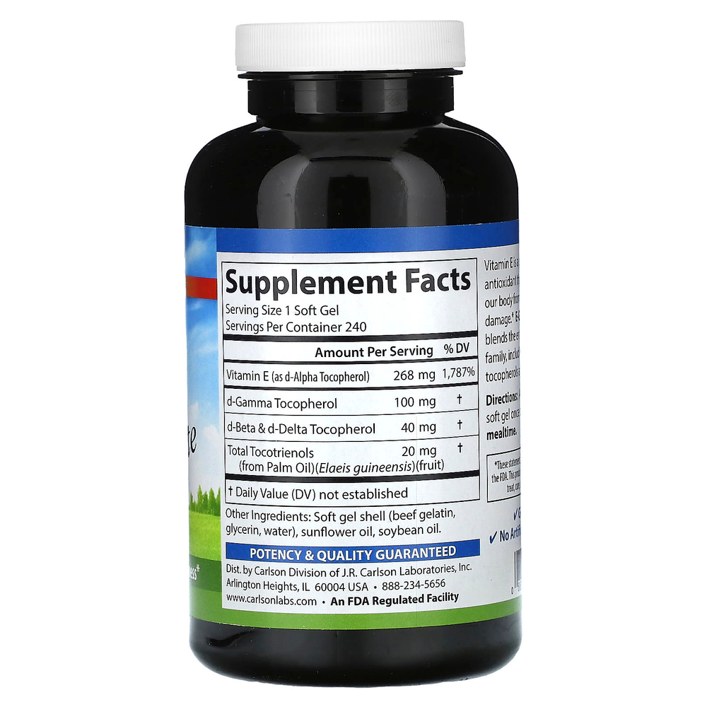 Carlson, E-Gems Elite, витамин E с токоферолами и токотриенолами, 268 мг (400 МЕ), 240 мягких таблеток