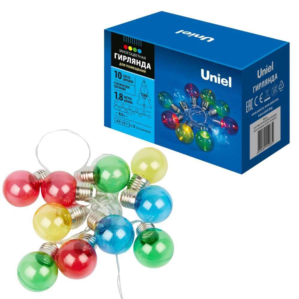 ULD-S1800-010/STB/3AA MULTI IP20 BULBS Гирлянда светодиодная «Лампочки», на батарейках 3AA (не в/к),  1,8м. 10 светодиодов. Разноцветный свет. Провод