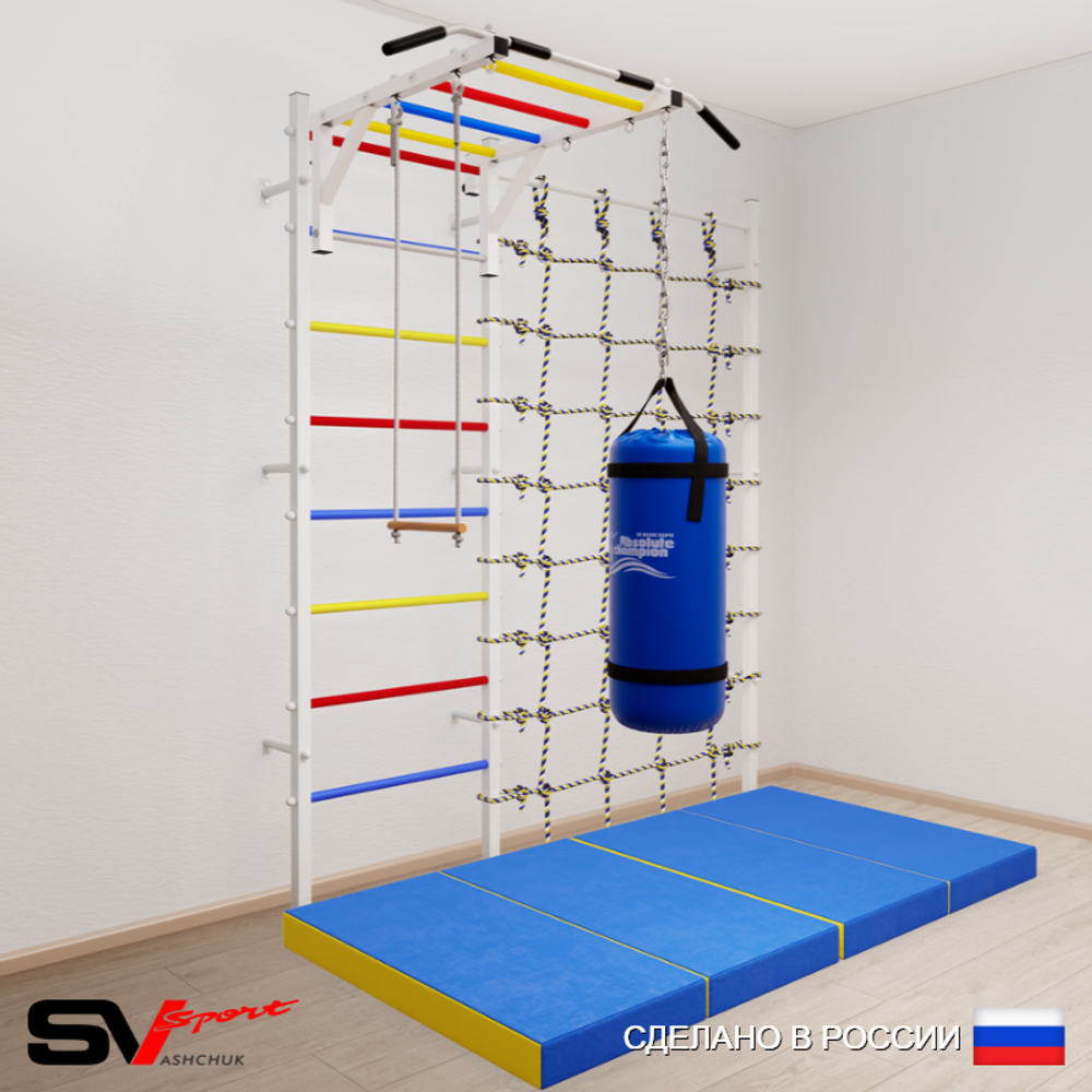 Шведская стенка Sv Sport усиленная 63270 (Турник рукоход/Трапеция/Цепь/Мешок 30кг/Мат 2м/Канатный лаз)