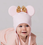Шапка Минни с бантом из пайеток с завязками, пудра, р-р 50-54 4186376