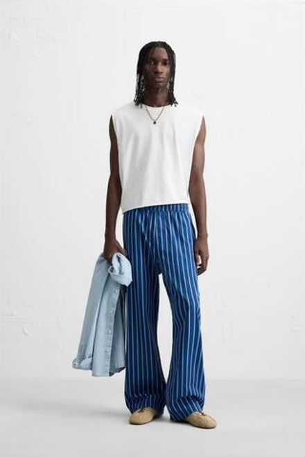ZARA БРЮКИ СВОБОДНОГО КРОЯ В ПОЛОСКУ, СИНИЙ