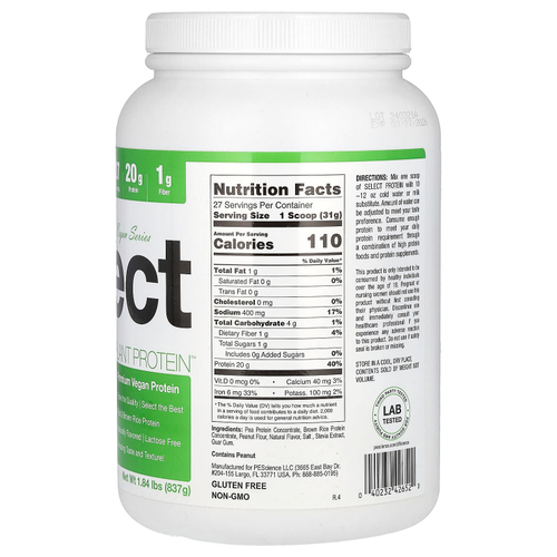 PEScience, Vegan Series, отборный растительный протеин, арахисовая паста, 837 г (1,84 фунта)