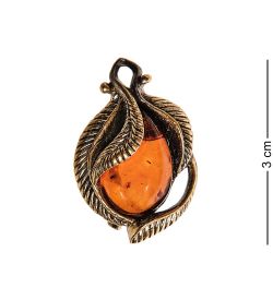 AM-2570 Брошь «Винтажный листик» (латунь, янтарь)
