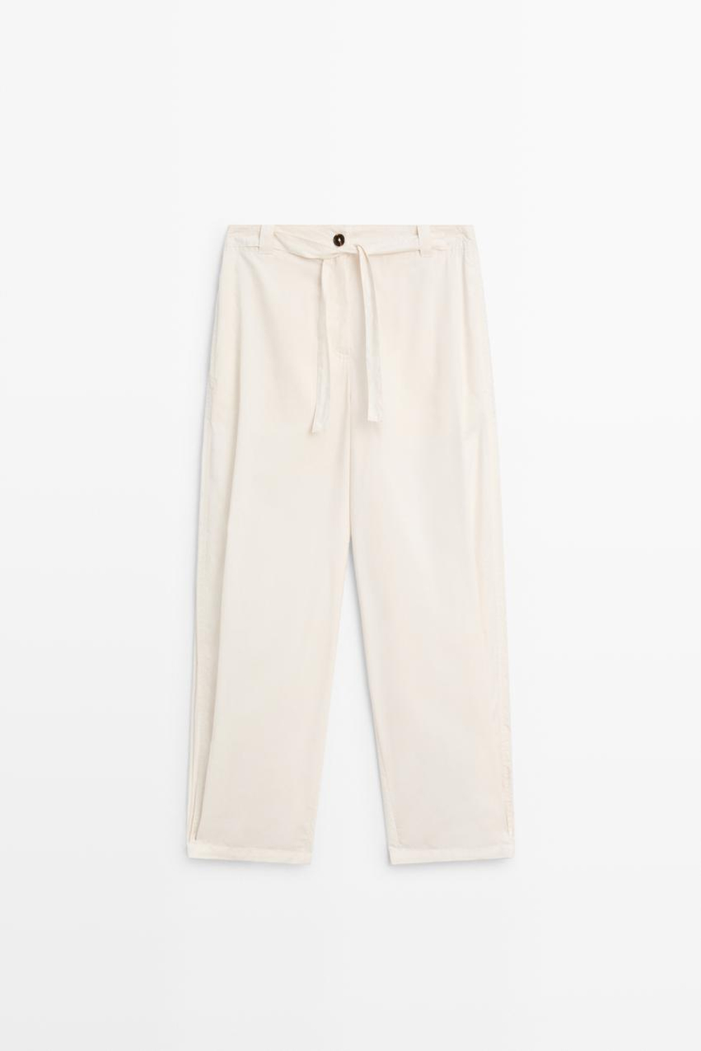 Massimo Dutti Брюки из смесовой хлопковой ткани с завязками, белый