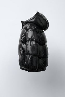 ZARA ПУХОВИК ИЗ ПЕРА И ПУХА С КАПЮШОНОМ WATER REPELLENT, ЧЕРНЫЙ