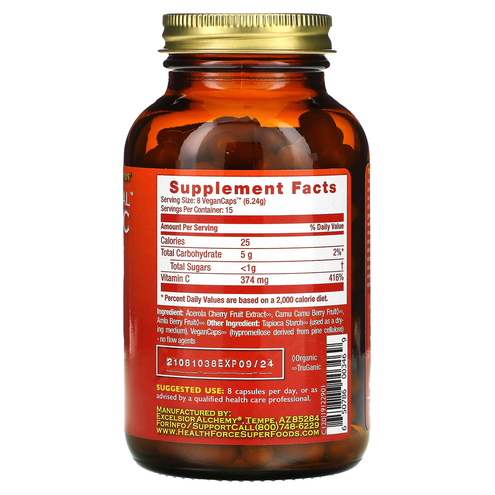 HealthForce Superfoods, По-настоящему натуральный витамин C, 120 веганских капсул (46,75 мг на капсулу)