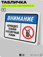 Табличка для частной территории "Внимание, переведите телефон в беззвучный режим", на дом, для участка, организаций и частных территорий, предупреждающая, 40х30 см, Silver Plane x Айдентика Технолоджи